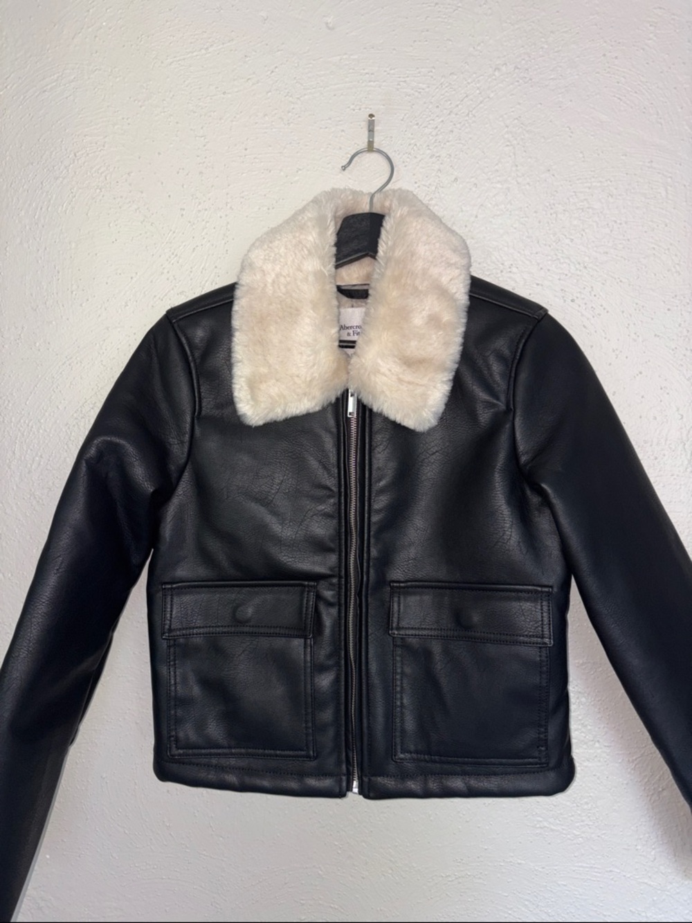 Abercrombie & Fitch Black Leather Jacket with Cream Faux Fur Collar